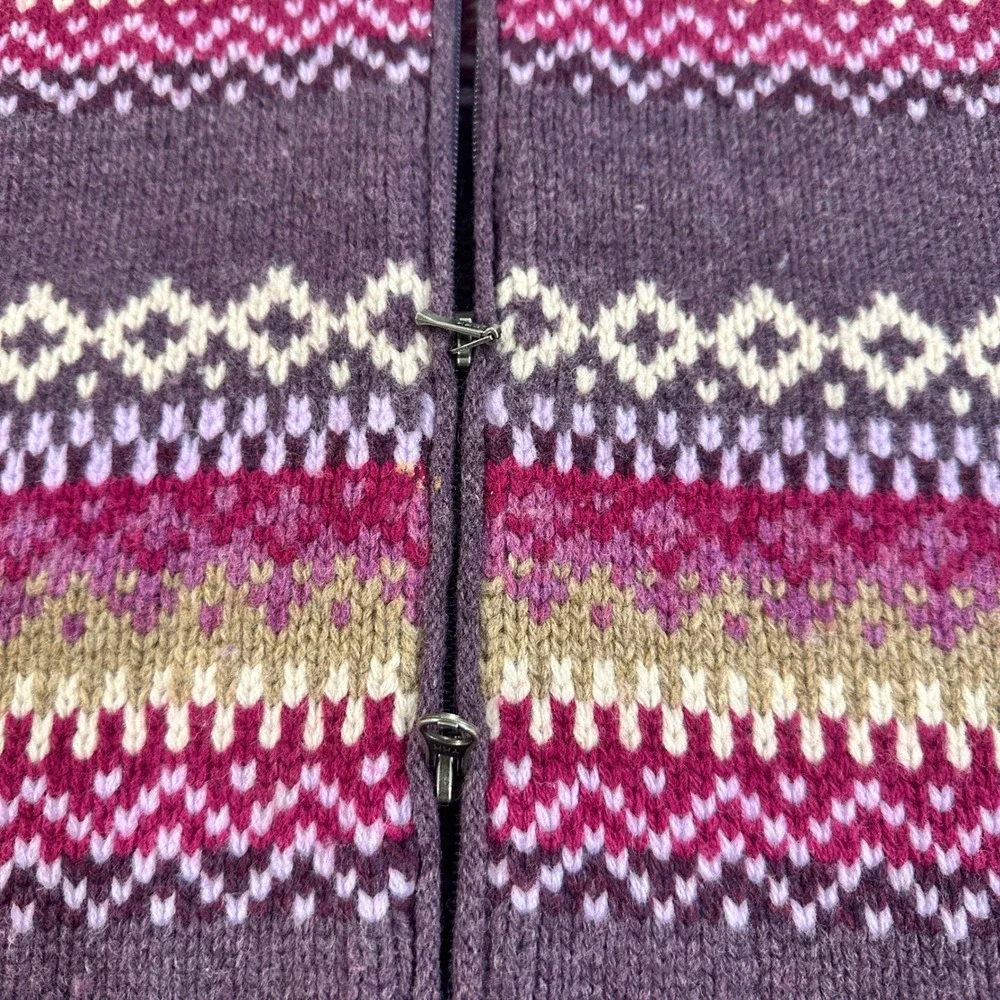 Eddie Bauer Lambswool Fair Isle Zip Up Cardigan Sweater Womens Small Purple